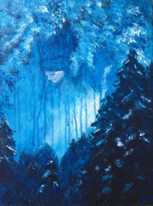 blå målning på flicka och skog